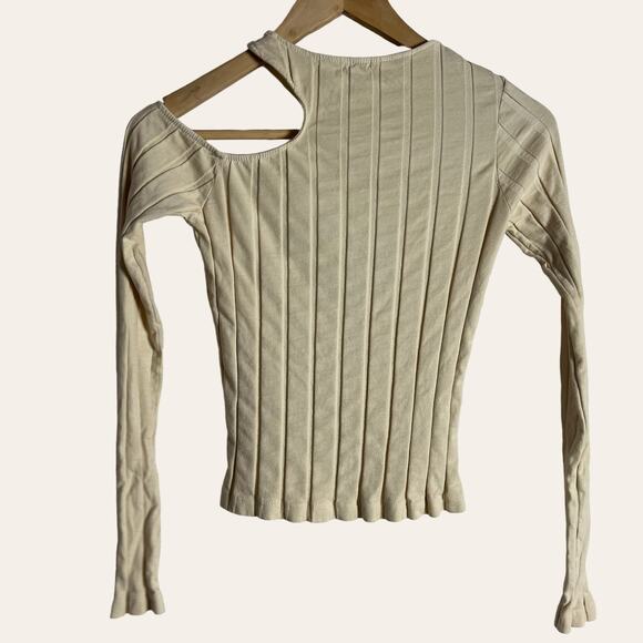 Monrow Flat Rib Asymmetric Ivory Long Sleeve Cut Out Top Size XS - Picture 8 of 9